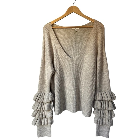 BP Ruffle Sleeve Beige Tan V-Neck Sweater, Oversized, XL - Picture 2 of 8